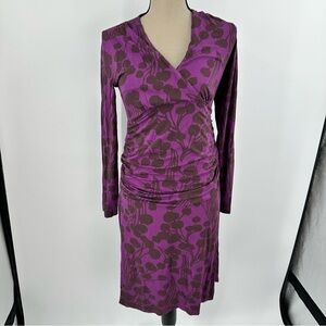 Boden Purple Floral Faux Wrap Dress 8 Purple Crossover Jersey Knit Midi Ruching‎